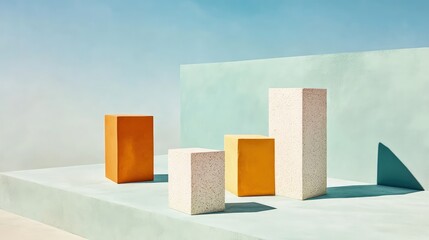 Poster - Minimalist pastel-colored blocks arranged on a light-green platform against a bright blue sky