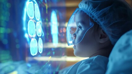Poster - Child observing advanced artificial intelligence interface in futuristic healthcare setting