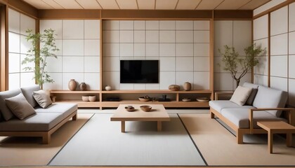 Aufkleber - Serene Minimalist Japanese Living Room Interior Design