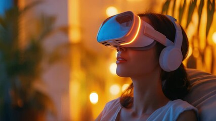 Poster - Woman enjoying immersive virtual reality experience at night in a cozy setting