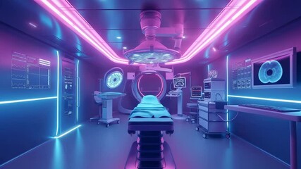 Poster - Futuristic surgical room with neon lights and advanced medical equipment in high-definition quality