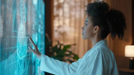 Poster - Innovative woman interacts with holographic technology in a modern research environment