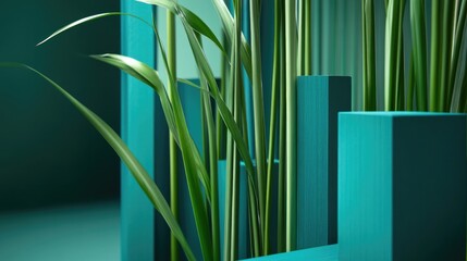 Poster - Teal geometric shapes and vibrant green plants create a minimalist, nature-inspired scene
