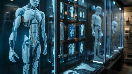 Poster - Exploration of advanced robotics showcasing human anatomy in a museum exhibition