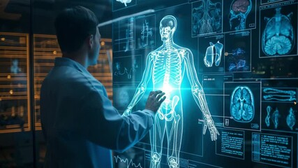Poster - Innovative health technology showcases a medical professional interacting with 3D holographic human anatomy