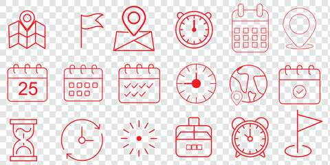 Poster - Time, date and location icon set in line style, Containing hourglass, pin, stopwatch, calendar, clock, gps point, flag point, globe point and more, vector illustration