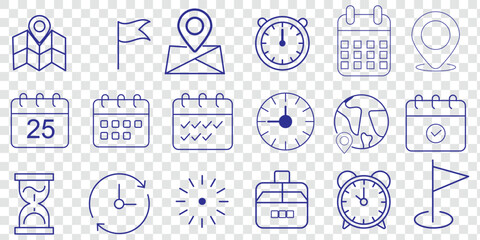 Poster - Time, date and location icon set in line style, Containing hourglass, pin, stopwatch, calendar, clock, gps point, flag point, globe point and more, vector illustration