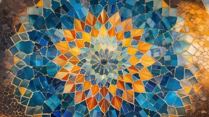 Poster - Vibrant mosaic pattern showcasing intricate tile work in brilliant shades of blue, orange, and yellow