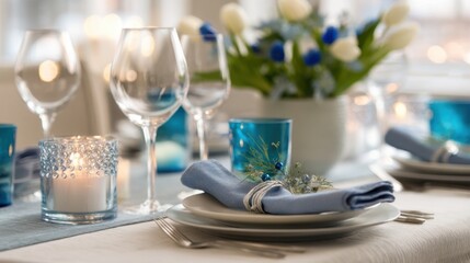 Poster - Elegant Table Setting With Tulips and Candlelight, Evoking Hospitality and Festive Celebration for a Special Occasion : Generative AI