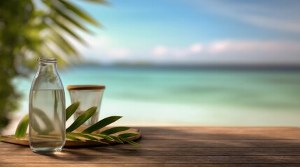 Poster - Refreshing Water Bottle and Glass on Wooden Table Overlooking Tropical Beach, Representing Wellness and Healthy Lifestyle Choices for Summer Vacation : Generative AI