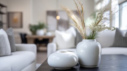 Aufkleber - Modern Living Room Interior with White Vases and Pampas Grass, Showcasing Minimalist Home Decor and Serene Lifestyle : Generative AI