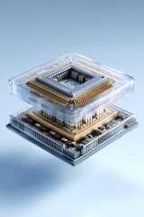 Poster - Stunning closeup of a microchips intricate design, showcasing its layered architecture and sophisticated technology.