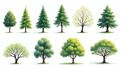 Poster - a diverse collection of stylized trees of different species and shapes. This assortment of trees showcases a variety of botanical forms and vibrant colors
