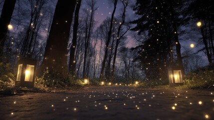 Aufkleber - Enchanted Forest Path Lit by Lanterns at Dusk, Evoking Mystery and Tranquility for Travel and Wellness Retreats : Generative AI