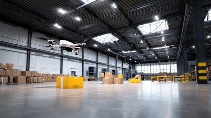 Aufkleber - Drone Flying in Warehouse Overseeing Packages, Representing Logistics Efficiency and Modern Inventory Management for Supply Chain Solutions : Generative AI