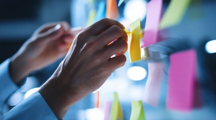 Poster - Hands Placing Sticky Notes on Glass Wall, Illustrating Brainstorming and Creative Problem Solving for Business Strategy and Project Management : Generative AI