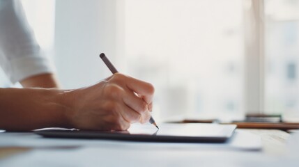 Aufkleber - Close Up of Hand Writing on Tablet With Stylus Pen, Representing Productivity and Digital Transformation in the Modern Workplace : Generative AI