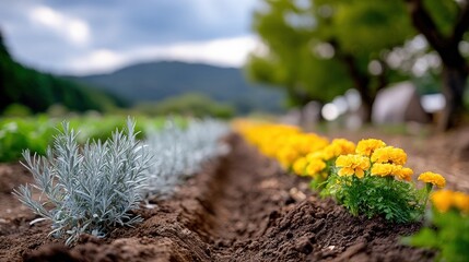 Poster - Rows of Lavender and Marigolds in a Field, Representing Sustainable Agriculture and Organic Farming Practices for Environmental Awareness and Food Production : Generative AI