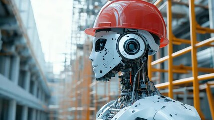 Poster - AI robot engineer inspecting construction work on a futuristic construction site