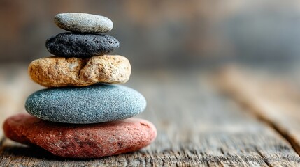 Poster - Colorful Stacked Stones on Wooden Surface, Representing Balance and Harmony for Wellness and Mindfulness Practices : Generative AI