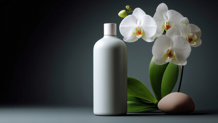 Poster - A simple and elegant cosmetic bottle stands on a geometric podium. It is accompanied by delicate orchid flowers and smooth stones, creating a serene and sophisticated display.
