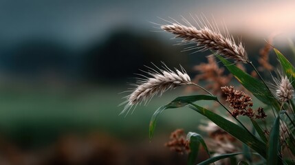 Aufkleber - Wheat Stalks and Greenery Against Soft Background, Symbolizing Agricultural Sustainability and Organic Farming Practices : Generative AI