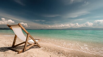Poster - Empty Beach Chair on Tropical Shoreline, Inviting Relaxation and Summer Vacation Getaway, Perfect for Travel Advertising and Leisure Lifestyle Content : Generative AI