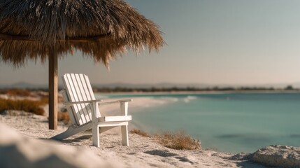 Aufkleber - Adirondack Chair Under Palapa on Tropical Beach, Representing Vacation Getaway and Coastal Relaxation for Travel Advertising : Generative AI