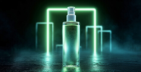 Fototapete - A sleek cosmetics bottle rests on a modern geometric podium, illuminated by striking neon lights. The design creates a captivating visual effect perfect for showcasing beauty products.