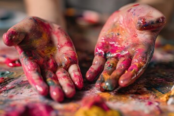 Poster - Child's Hands Covered in Colorful Paint, Representing Creativity, Artistic Expression, and the Joy of Learning Through Play, Ready for Educational Materials : Generative AI