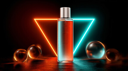 Poster - A clear cosmetic bottle stands on a podium, illuminated by glowing geometric shapes behind it. The contrasting colors create a vibrant atmosphere, enhancing the product's presentation.