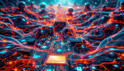 Poster - glowing electronic circuit board with bright orange and blue lights in futuristic style