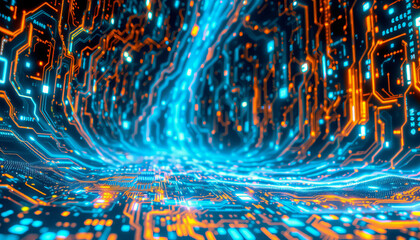 Poster - Glowing blue and orange circuit board with abstract digital technology design