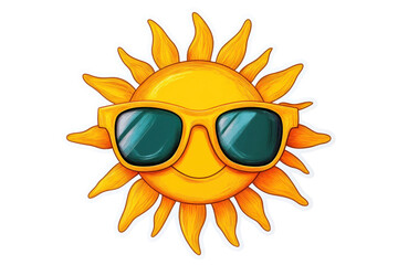 Poster - Bright, cheerful cartoon sun wearing sunglasses with vibrant rays for summer fun or vacation themes in transparent PNG format