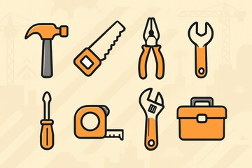 Poster - Collection of Essential Tools for DIY Projects Displayed in a Minimalistic Style With a Light Background, Perfect for Home Improvement Enthusiasts