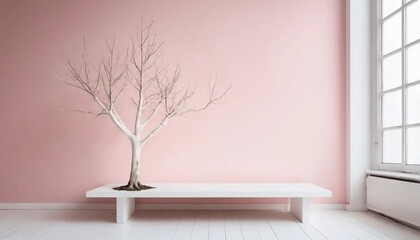 Aufkleber - Minimalist Interior Design: A Bare Tree on a White Bench Against a Pale Pink Wall