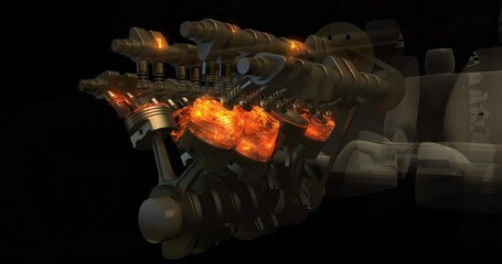 Poster - Dynamic View of V8 Engine Parts Inside a Futuristic Wireframe Car. Industry And Technology Related 3D Animation.
