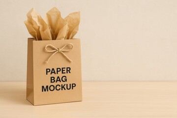 Aufkleber - Mockup of a Brown Paper Bag With Decorative Tissue Paper Inside on a Wooden Surface in a Minimalistic Setting