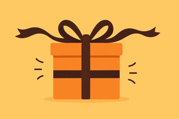 Poster - Bright Orange Gift Box With a Brown Ribbon on a Vibrant Yellow Background Suitable for Celebrations and Special Occasions