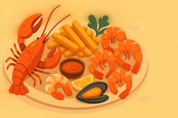 Poster - Delicious Seafood Platter Featuring Shrimp, Lobster, and Fries Served With Dipping Sauce on a Vibrant Yellow Background