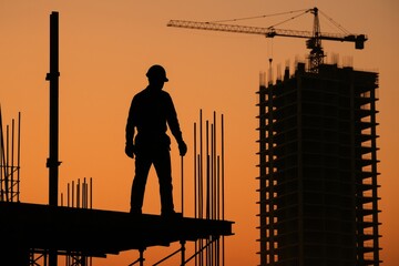 Poster - Construction Worker Silhouette at Sunset With High-Rise Building and Crane in the Background