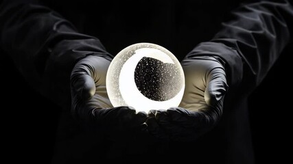 Poster - Glass ball with air bubbles in hands in black gloves on a dark background