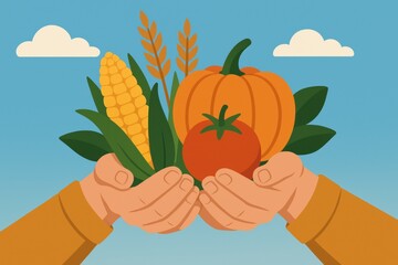 Aufkleber - Fresh Harvest of Vegetables and Grains Held by Hands Against Blue Sky Background With Clouds