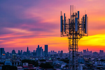 Poster - Modern cellular tower rises against a colorful sunset skyline Generative AI