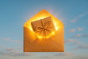 Poster - Creative Envelope With Glowing Gift Box Inside Floating Against a Blue Sky During Daylight
