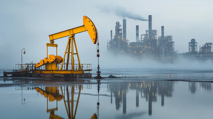 Poster - Industrial extraction under moody sky with bright yellow pump Generative AI