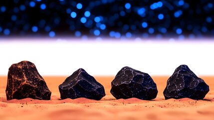 close-up of glossy rocks on a surface with a starry night background and cosmic glow