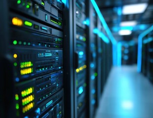 Poster - Rows of illuminated computer servers in a data center, showcasing advanced technology and digital infrastructure.