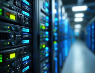 Poster - Rows of illuminated computer servers in a data center, showcasing advanced technology and digital infrastructure.