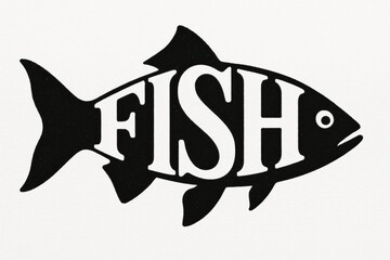 Aufkleber - Creative Black Fish Silhouette With Bold Word Fish Inside the Shape Featuring Simple, Stylized Design on a White Background